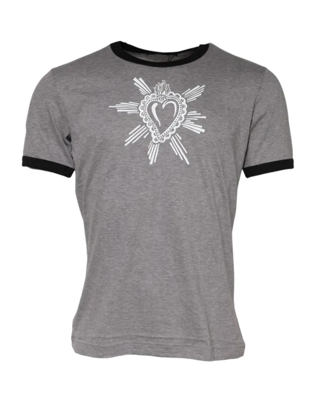 Dolce & Gabbana Gray Sacred Heart Cotton Crew Neck T-shirt sold by Siebentaschen