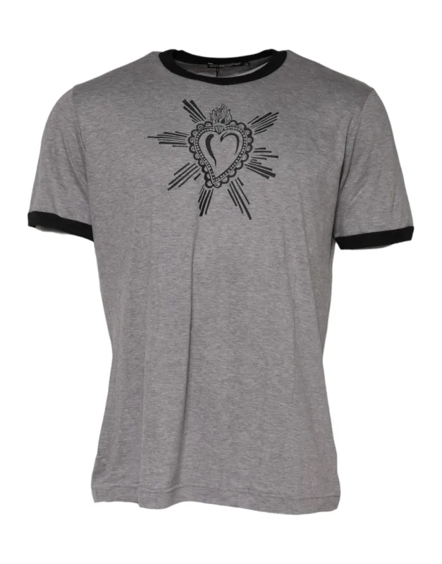 Dolce & Gabbana Gray Sacred Heart Cotton Crew Neck T-shirt sold by Siebentaschen