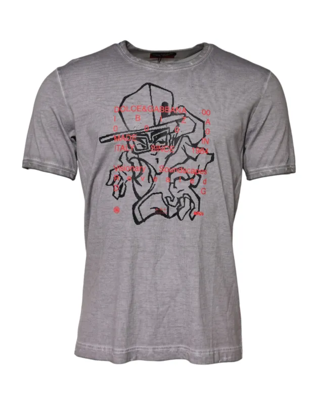 Dolce & Gabbana Gray Graphic Print Cotton Crew Neck T-shirt sold by Siebentaschen