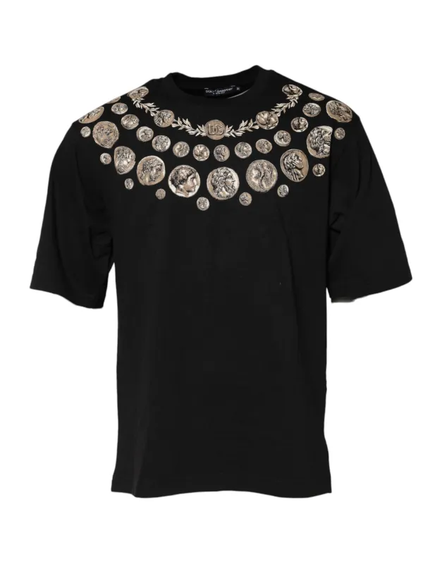 Dolce & Gabbana Black Coin Print Cotton Crew Neck T-shirt sold by Siebentaschen