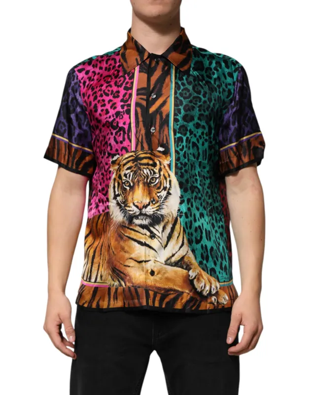 Dolce & Gabbana Multicolor Silk Tiger Print Hawaiian T-shirt sold by Siebentaschen