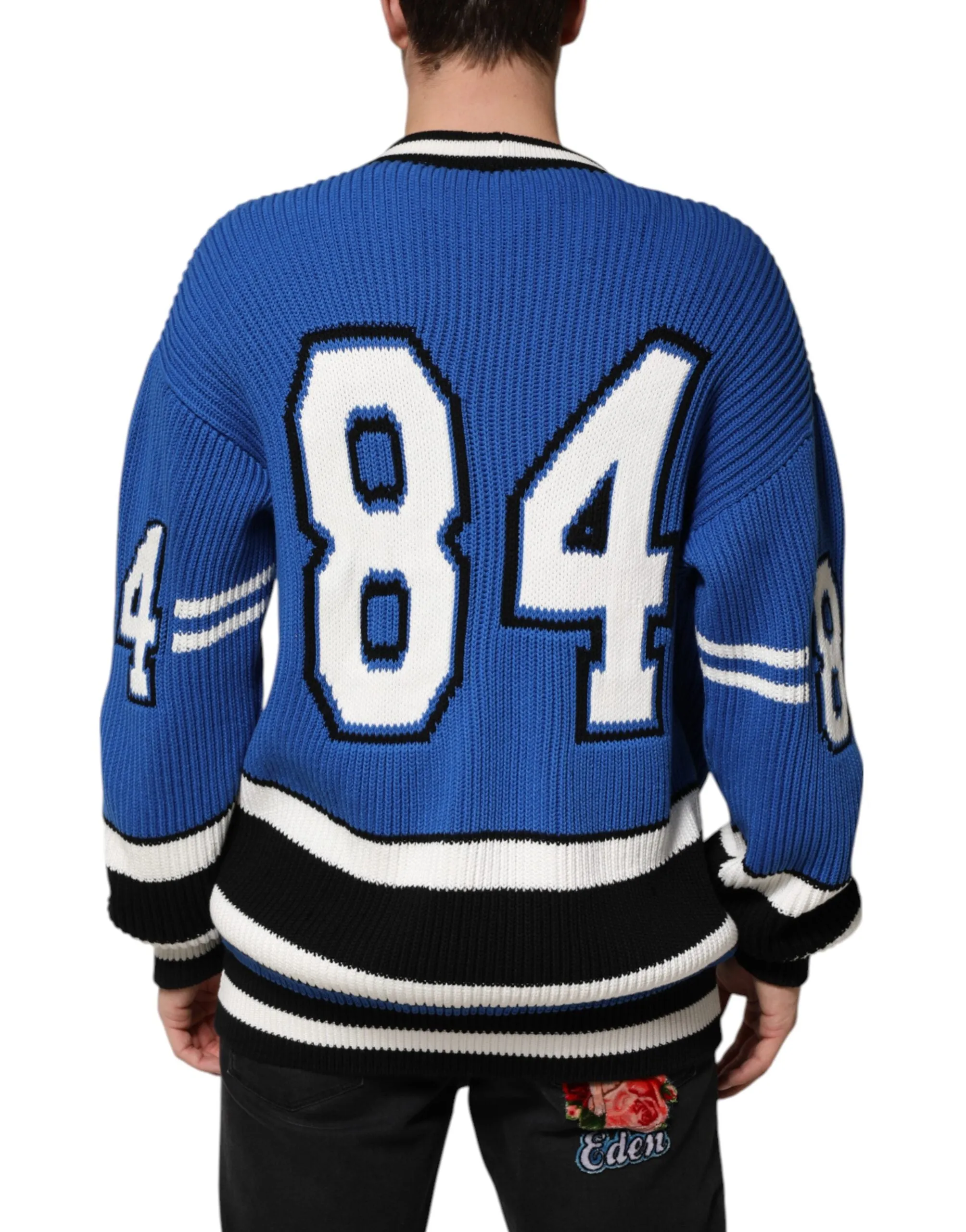 Dolce & Gabbana Blue Cotton Logo Patch Ribbed Knit Cardigan Sweater sold by Siebentaschen product image thumbnail 4