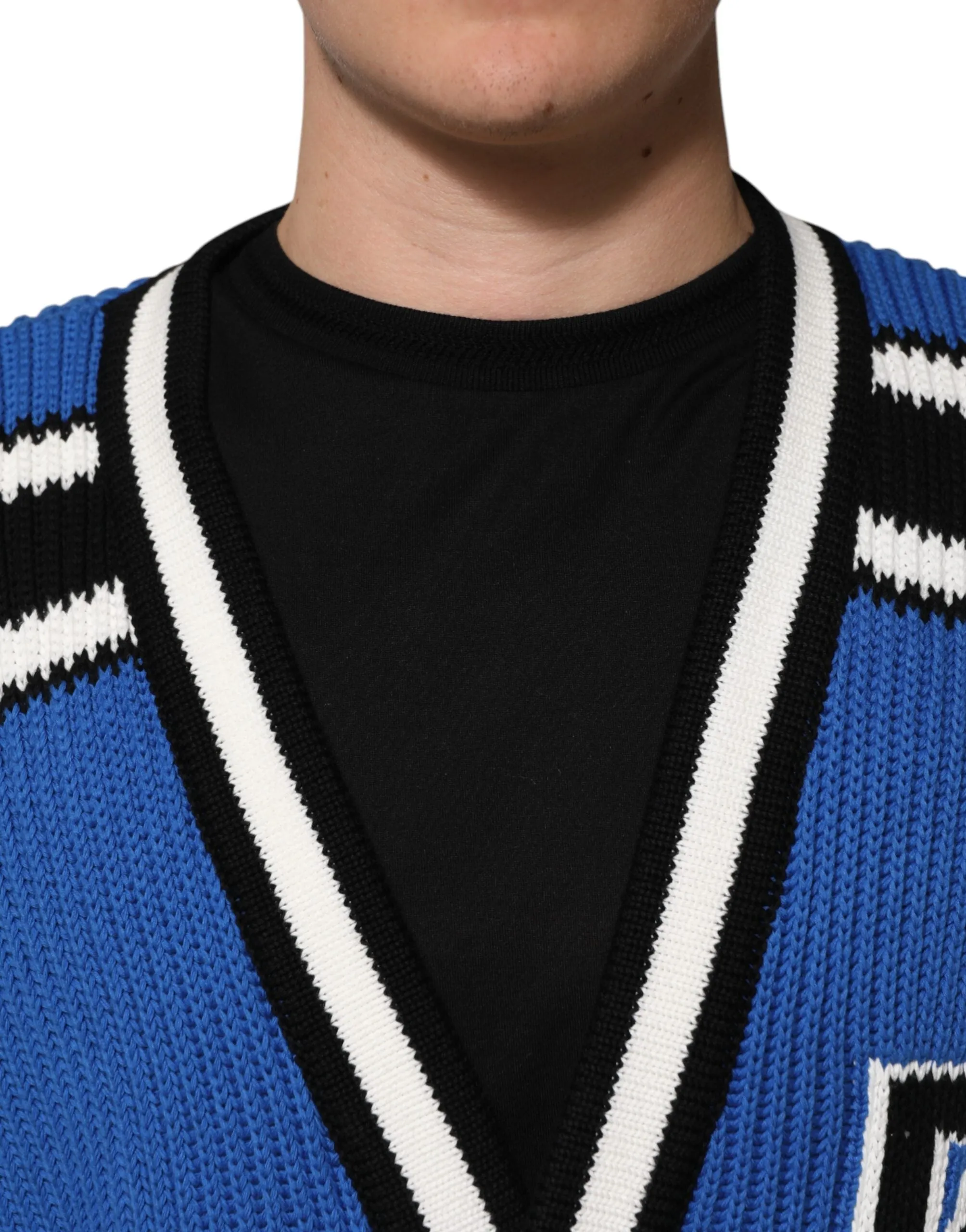 Dolce & Gabbana Blue Cotton Logo Patch Ribbed Knit Cardigan Sweater sold by Siebentaschen product image thumbnail 5