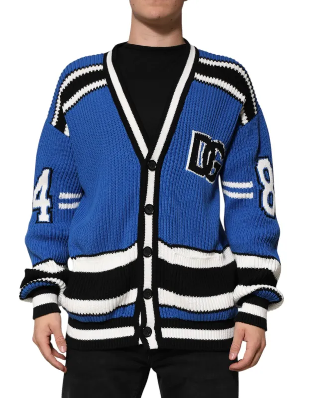 Dolce & Gabbana Blue Cotton Logo Patch Ribbed Knit Cardigan Sweater sold by Siebentaschen