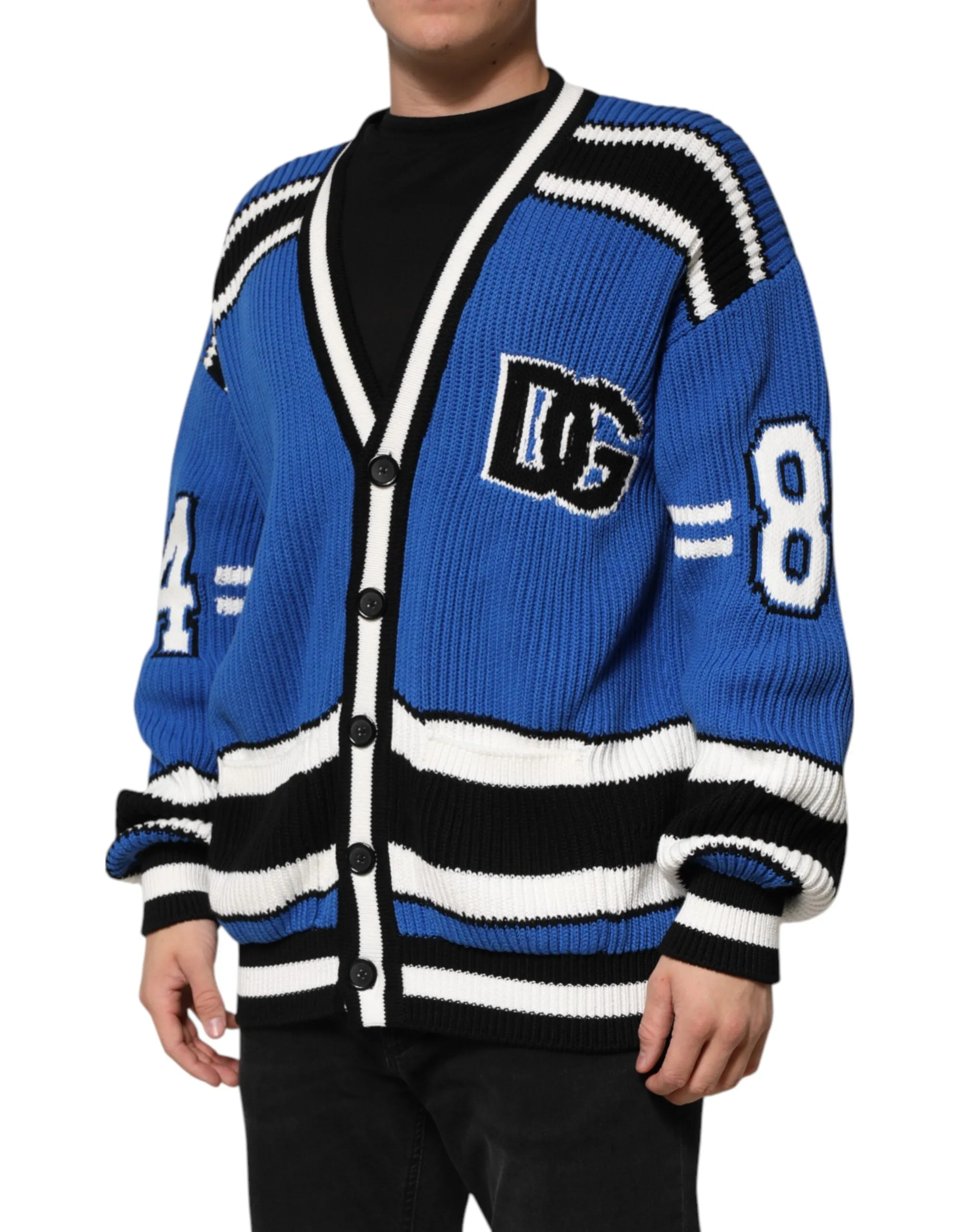 Dolce & Gabbana Blue Cotton Logo Patch Ribbed Knit Cardigan Sweater sold by Siebentaschen product image thumbnail 3