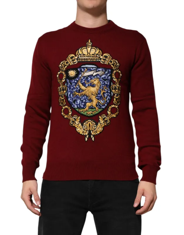 Dolce & Gabbana Burgundy Cashmere Lion Crest Pullover Sweater sold by Siebentaschen