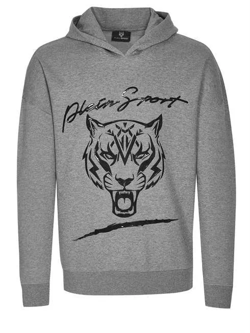 Plein Sport Grey Hoodie with Tiger Print Sweatshirt sold by Siebentaschen