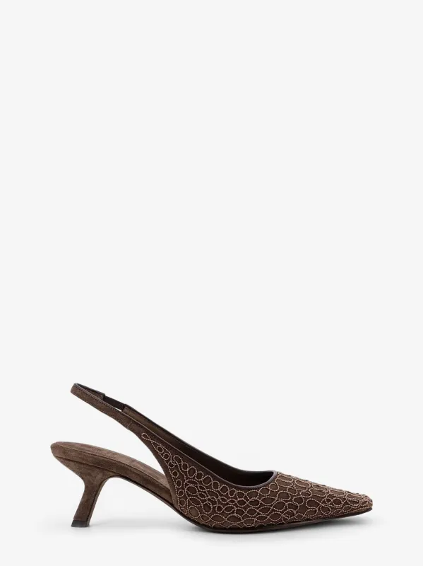 Brunello Cucinelli Suede slingback pumps with Monili decoration sold by Siebentaschen