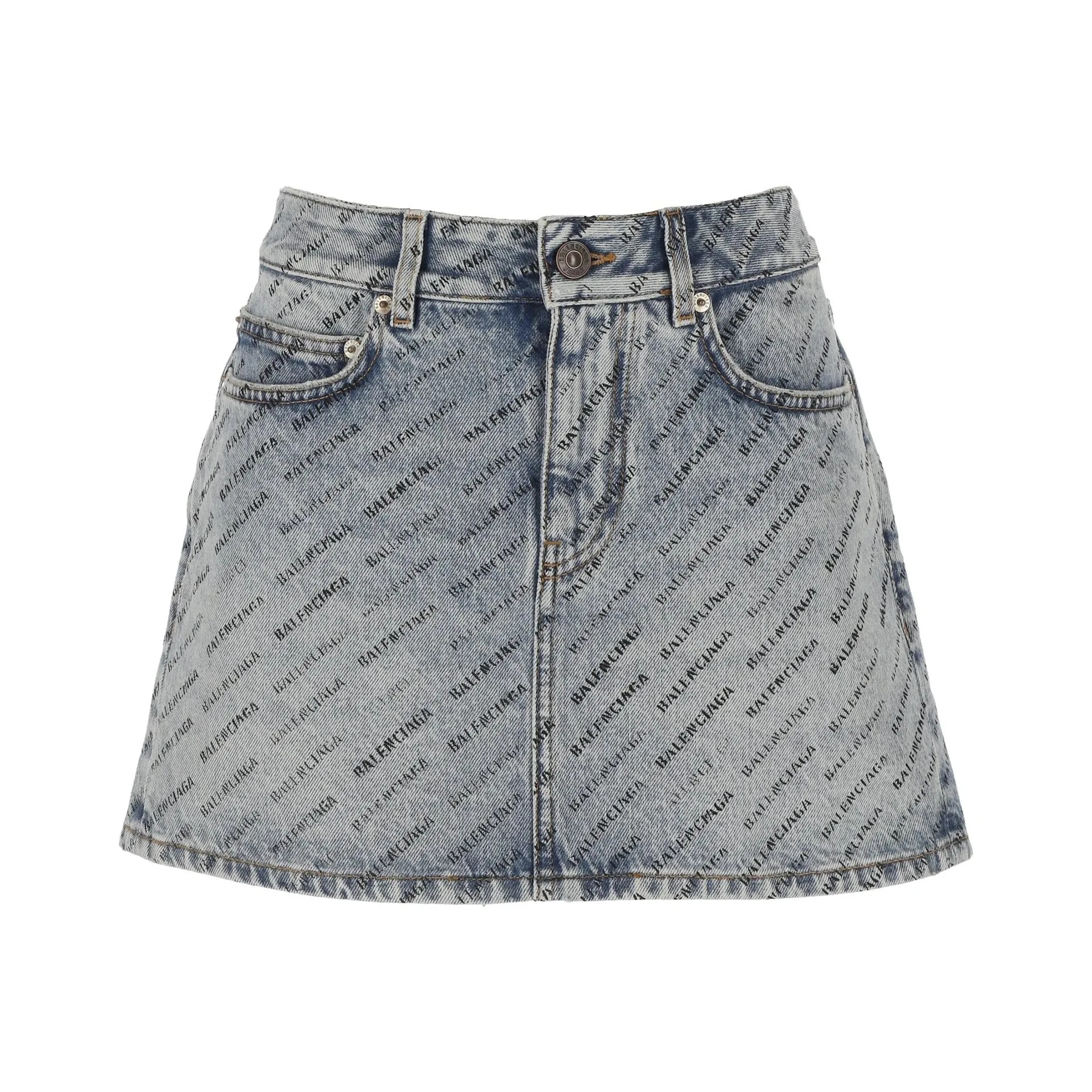 Balenciaga Logo Print Denim Skirt sold by Siebentaschen