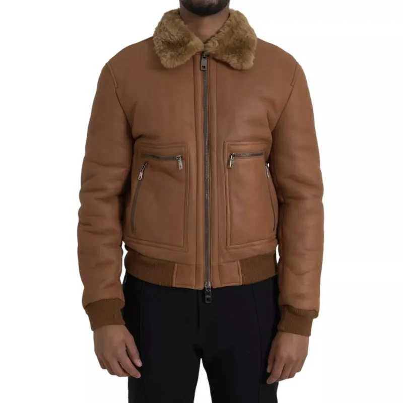 Dolce & Gabbana Brown Leather Fur Button Biker Coat Men's Jacket sold by Siebentaschen