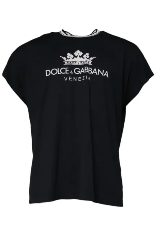 Dolce & Gabbana Dark Blue Logo Crown Cotton Crew Neck T-shirt sold by Siebentaschen