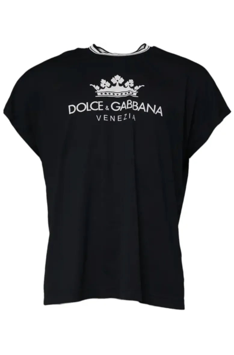 Dolce & Gabbana Dark Blue Logo Crown Cotton Crew Neck T-shirt sold by Siebentaschen