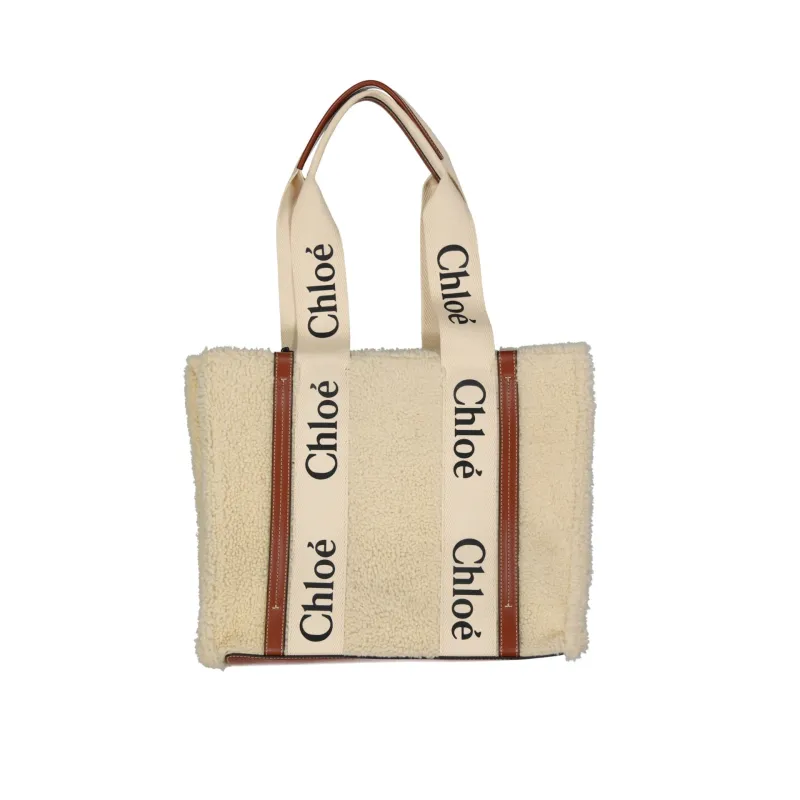 Chloé Woody Shearling Tote Bag-Beige-WOMEN sold by Siebentaschen