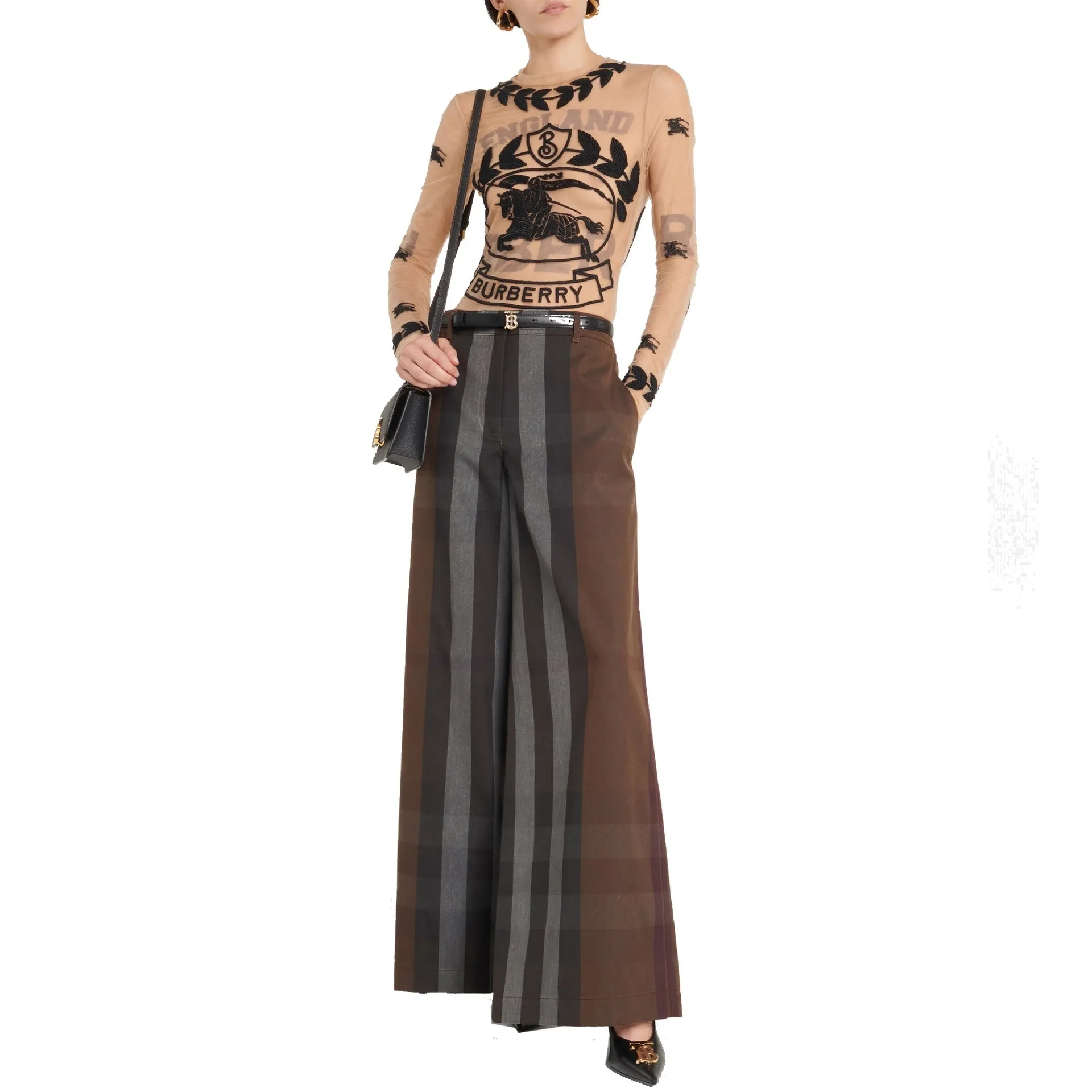 Burberry Checked Wide Leg Canvas Pants-Brown-WOMEN sold by Siebentaschen product image thumbnail 2