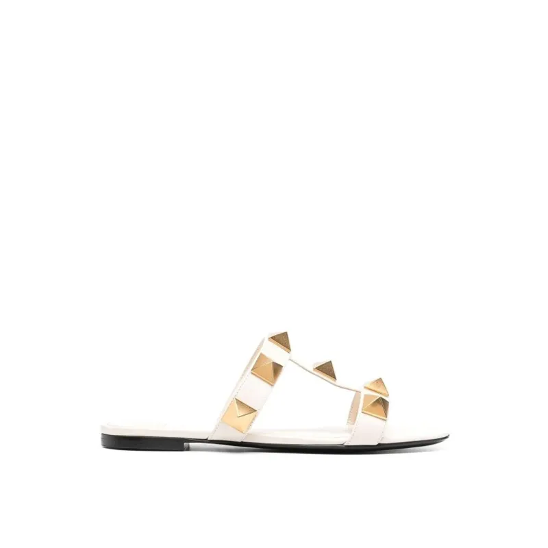 Valentino Garavani Roman Stud Leather Flat Sandals-White-WOMEN sold by Siebentaschen
