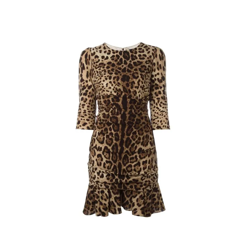 Dolce & Gabbana Silk Leopard Ruched Dress-Brown-WOMEN made by Dolce & Gabanna