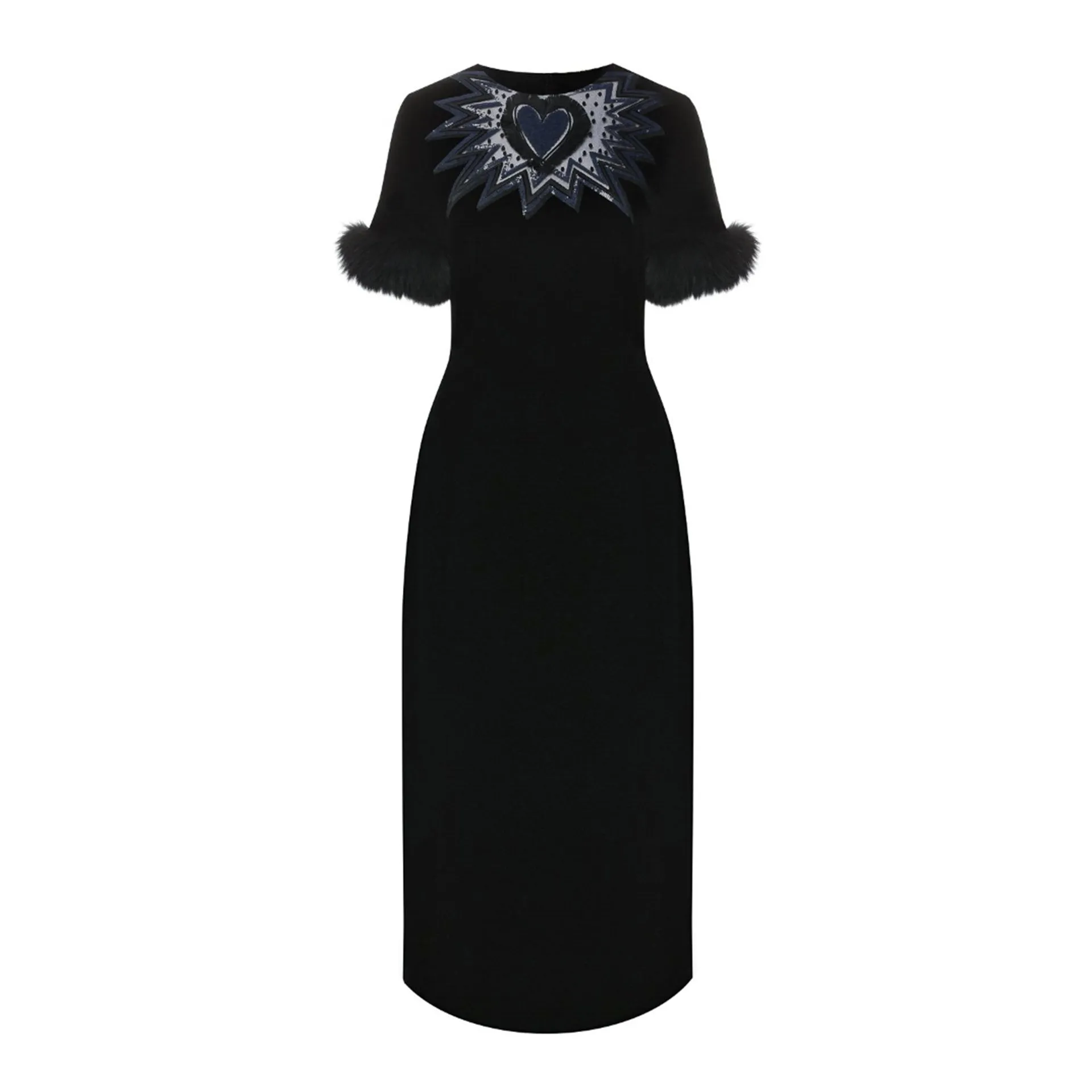 Fendi Fur Trim Velvet Midi Dress-Black-WOMEN sold by Siebentaschen