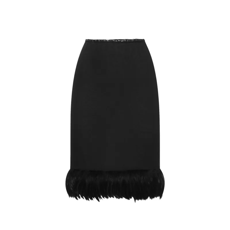 Saint Laurent Feathers Trim Silk Skirt-Black-WOMEN made by Yves Saint Laurent
