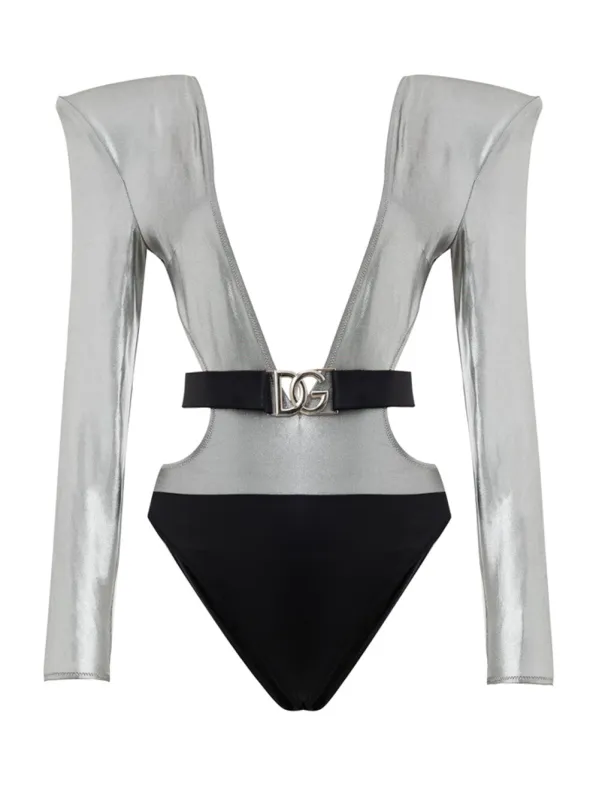 Dolce & Gabbana Silver Long-Sleeve One-Piece Swimsuit with Padded Shoulders made by Dolce & Gabanna