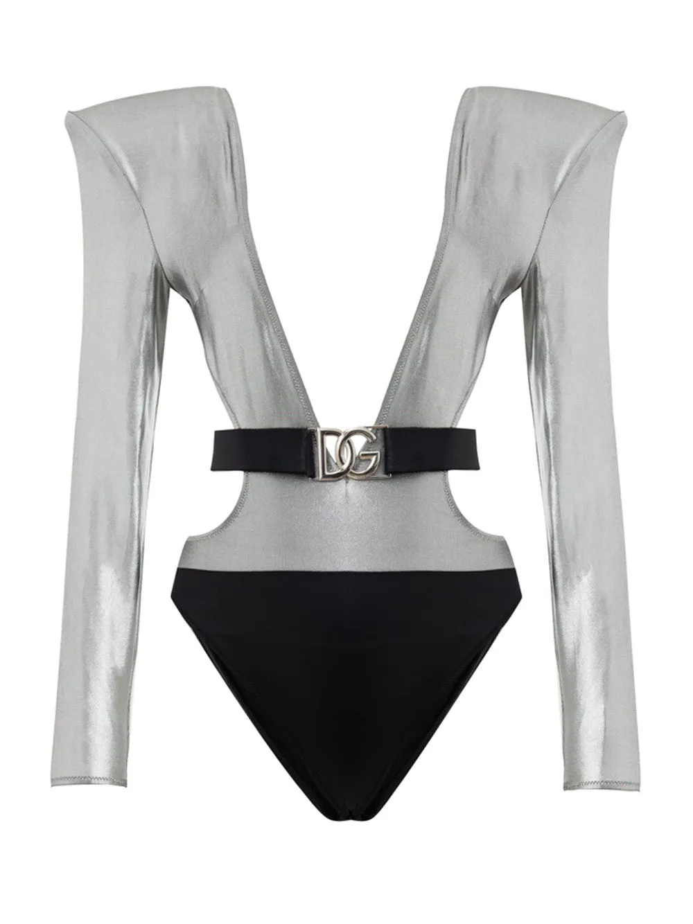 Dolce & Gabbana Silver Long-Sleeve One-Piece Swimsuit with Padded Shoulders sold by Siebentaschen