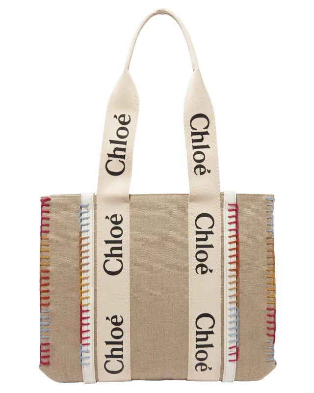 Chloé Woman Woody Whipstitched Canvas Multi Crossbody Bags Beige made by Chloe