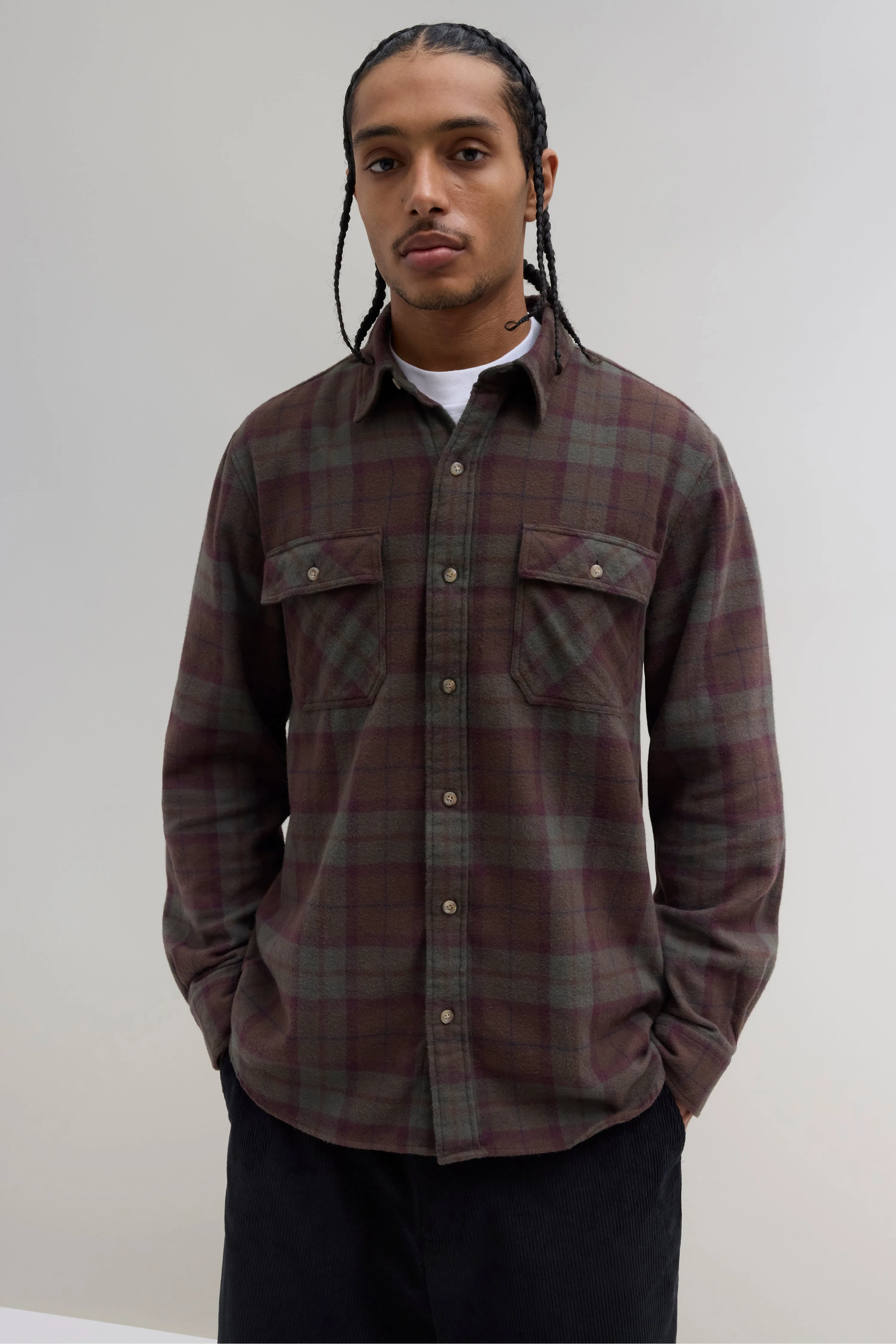 Plaid Flannel Overshirt - Forest Green/Burgundy sold by JJJJound product image thumbnail 2