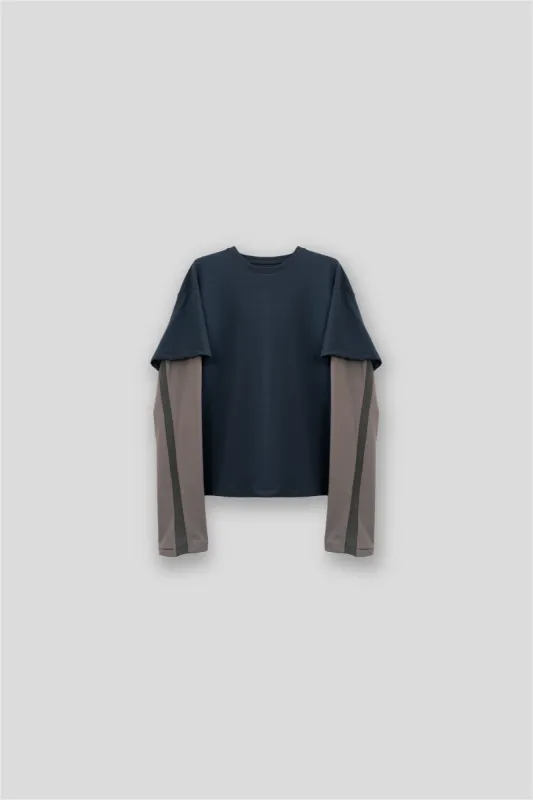 IRIS  HYBRID LONG-SLEEVE T-SHIRT IN OBSIDIAN BLUE/TAUPE GREY sold by vuja dè