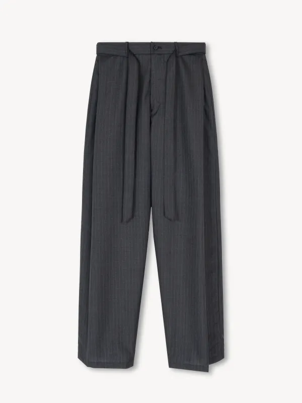 Ren Pinstripe Belted Tuck Trousers in Wool made by vuja dè