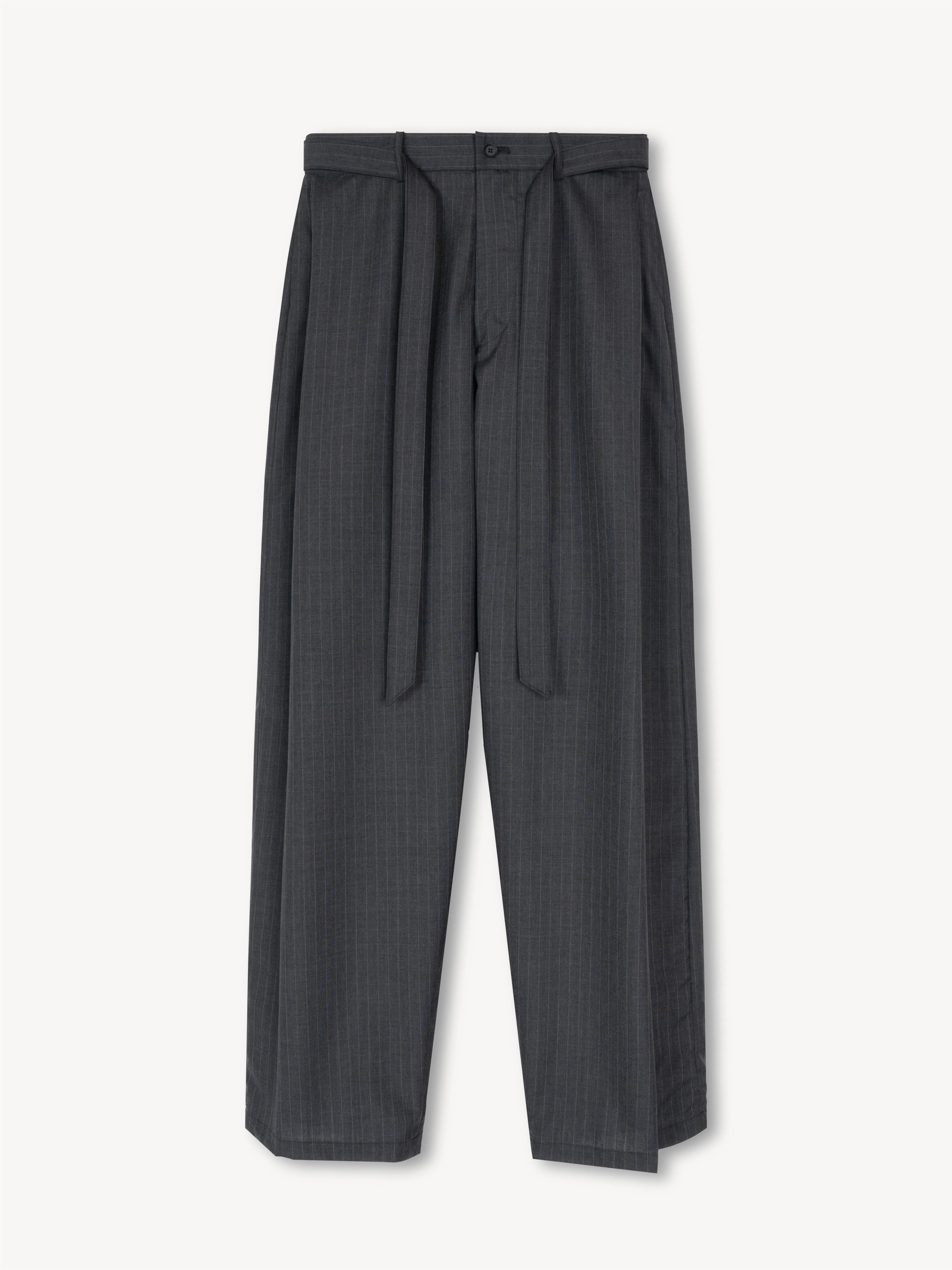 Ren Pinstripe Belted Tuck Trousers in Wool sold by vuja dè