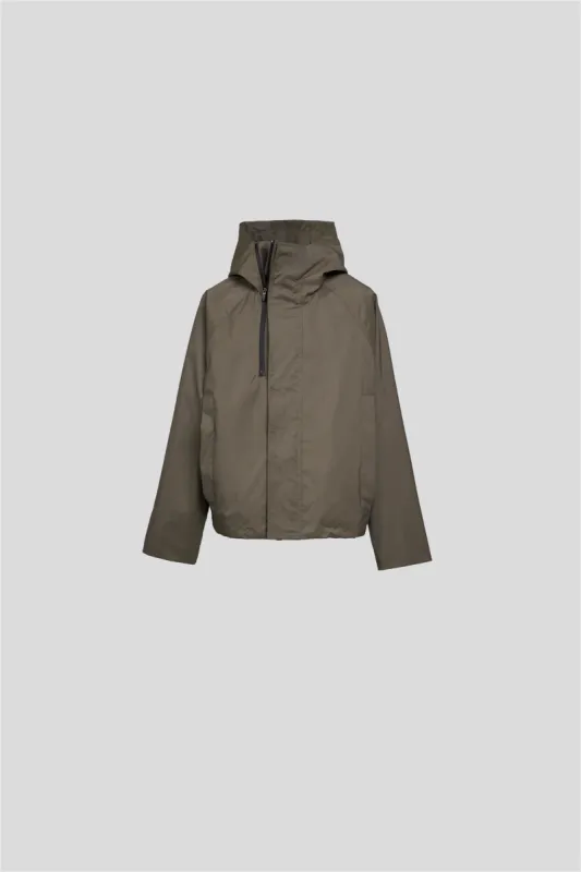 ENZO TECH-WOOL HOODED BLOUSON IN TAUPE sold by vuja dè