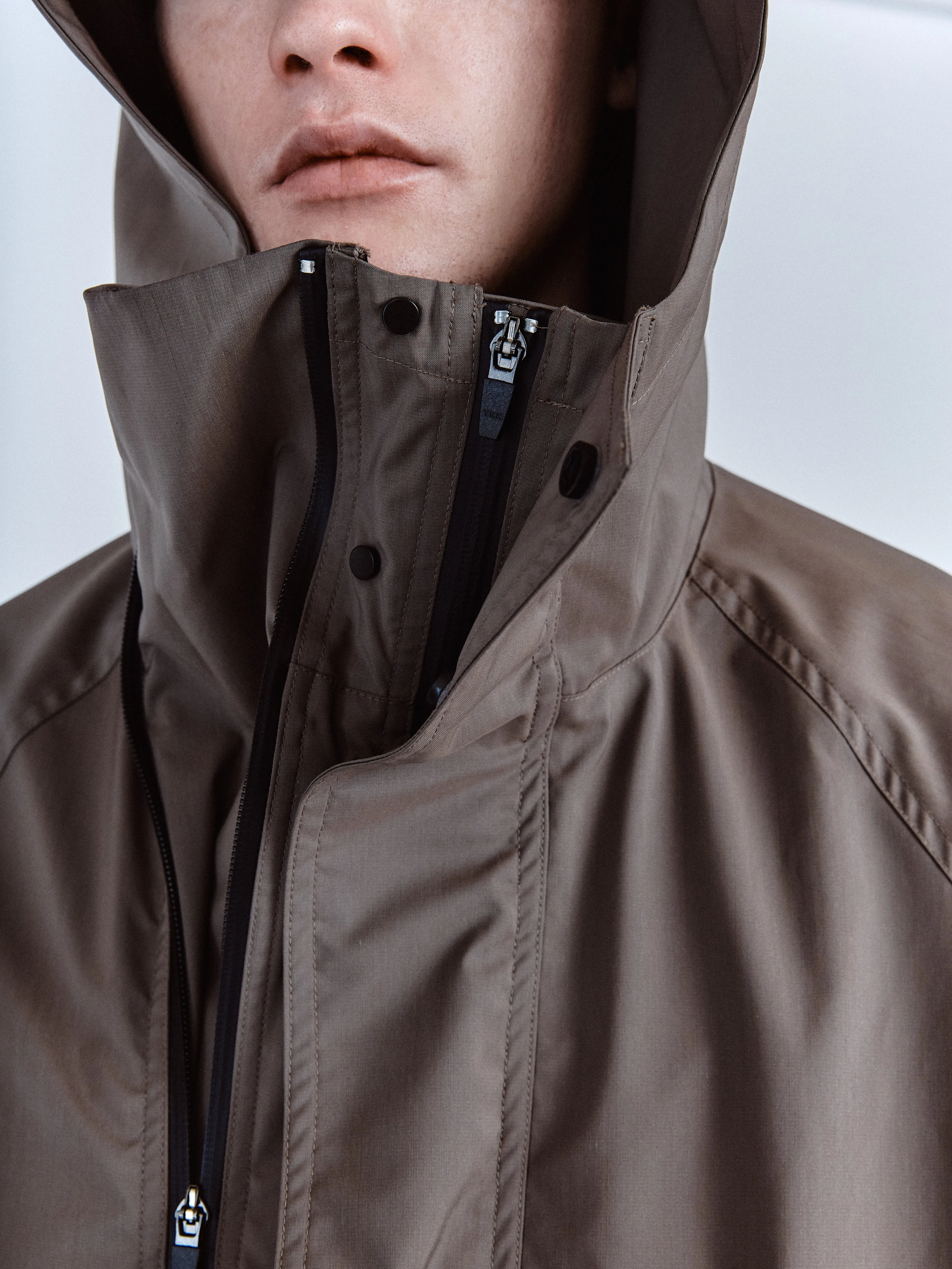 ENZO TECH-WOOL HOODED BLOUSON IN TAUPE | Parallel