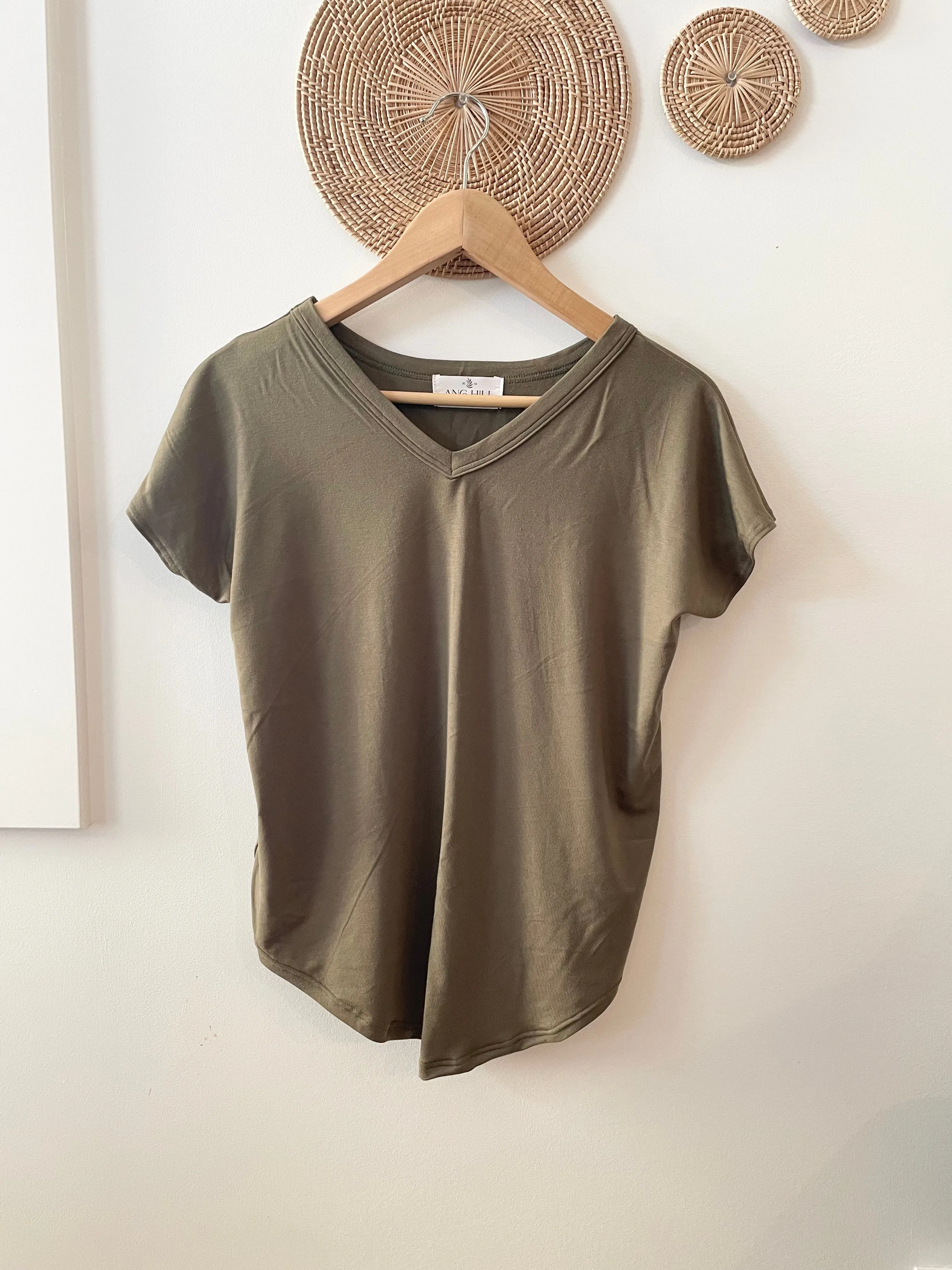 Bennie V-neck Bamboo T-shirt in Olive sold by Ang Hill