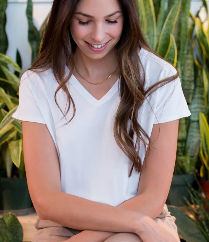Bennie V-neck Bamboo T-shirt in White sold by Ang Hill