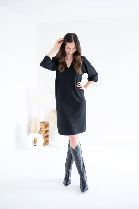 Ally V-neck Long Sleeved Sweater Dress in Black sold by Ang Hill