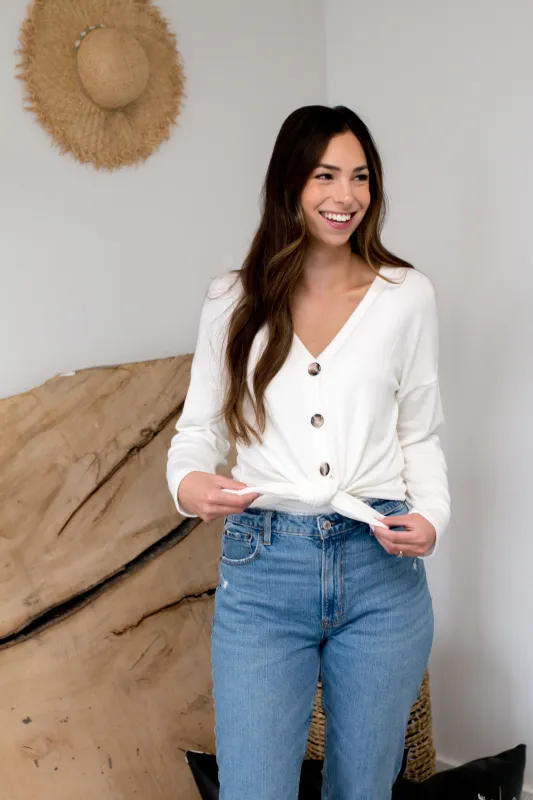 Holly Button-up Cardigan in Vanilla with Ties sold by Ang Hill