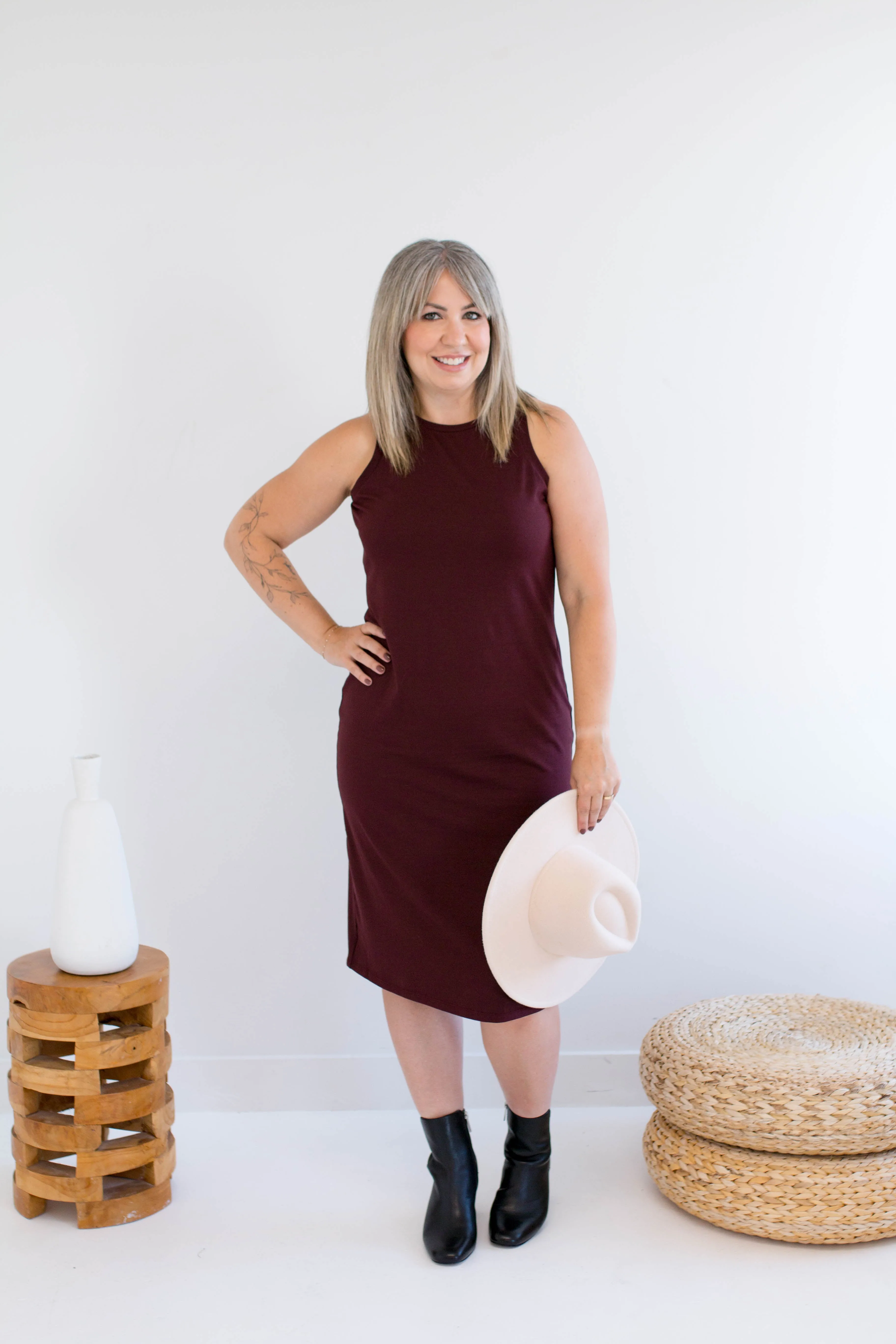 Bev Cotton Modal Midi Tank Dress in Merlot sold by Ang Hill