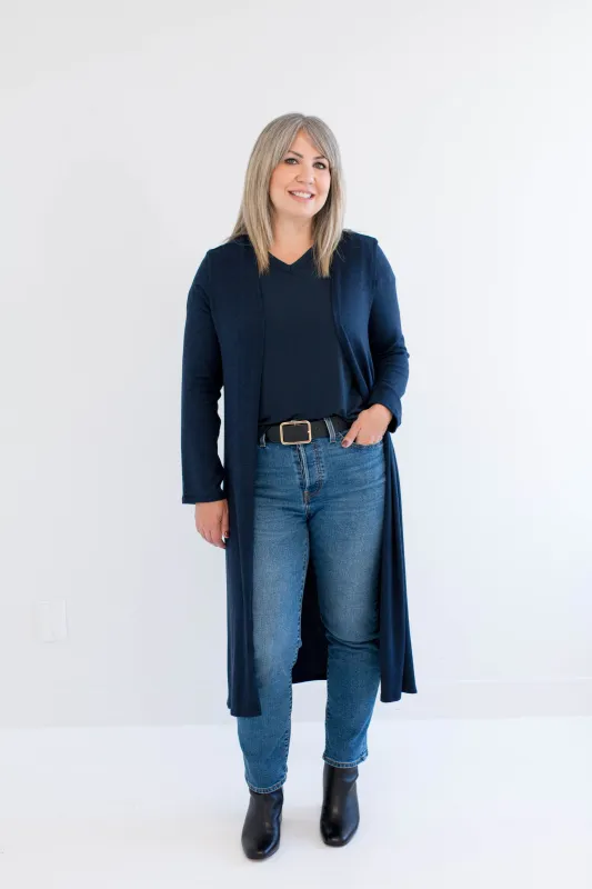 Carolina Long Duster Cardigan in Navy sold by Ang Hill