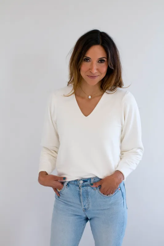 Ally Cloud Bamboo V-neck Sweater in Vanilla sold by Ang Hill