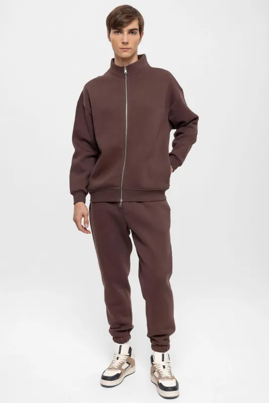 Men's Brown High Collar Double Zipper Closure Sweatshirt - Wessi sold by Wessi