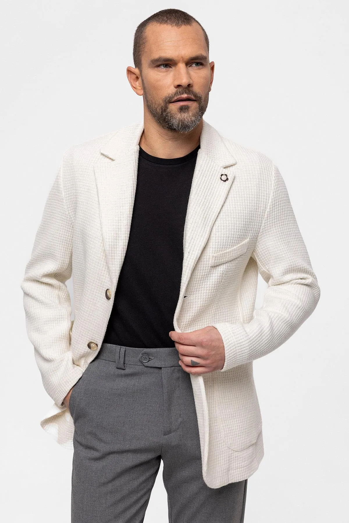 Ecru Knitted Textured Men's Jacket - Wessi sold by Wessi product image thumbnail 2