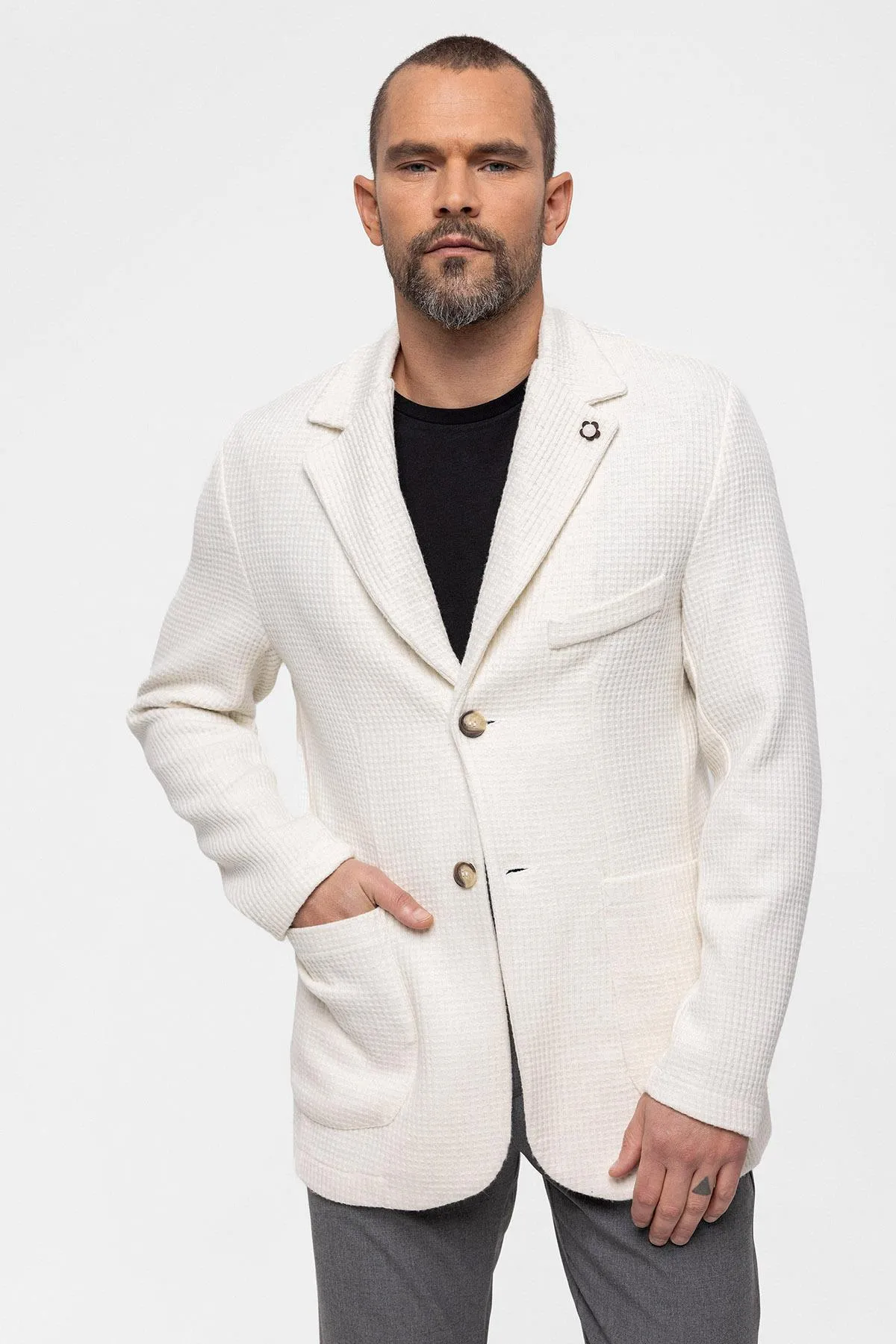 Ecru Knitted Textured Men's Jacket - Wessi sold by Wessi product image thumbnail 5