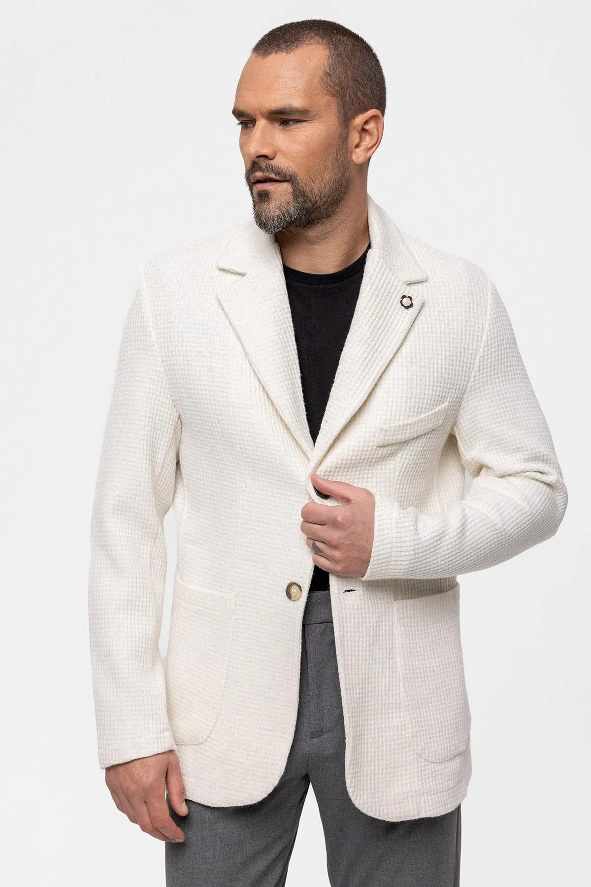 Ecru Knitted Textured Men's Jacket - Wessi sold by Wessi product image thumbnail 4