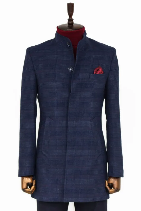 Standing Collar Checked Navy Blue Men Coat - Wessi sold by Wessi
