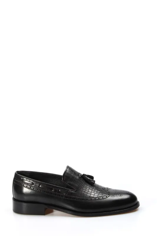 Men's Black Crocodile Embossed Leather Loafers with Tassel Detail and Brogue Accents - Wessi sold by Wessi