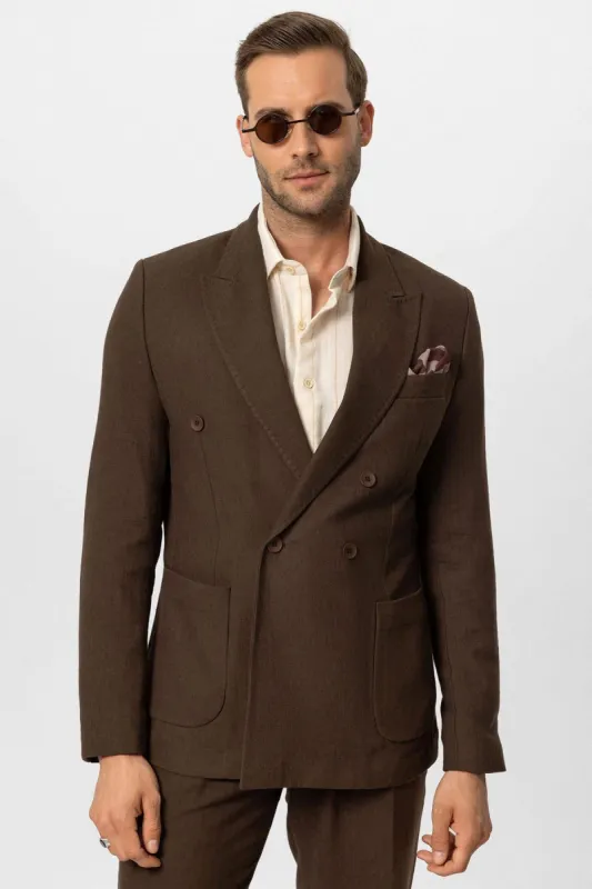 Men's Brown Double-Breasted Linen Blend Jacket - Wessi sold by Wessi