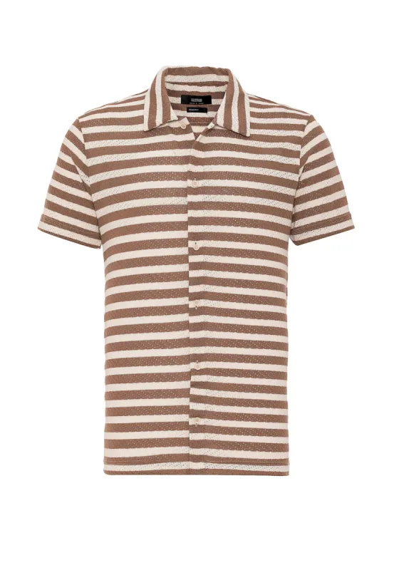 Brown Short Sleeve Striped Men's Knitwear Shirt - Wessi sold by Wessi
