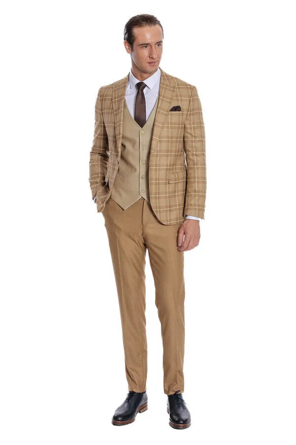Slim Fit Checked Beige Men Suit - Wessi sold by Wessi product image thumbnail 2