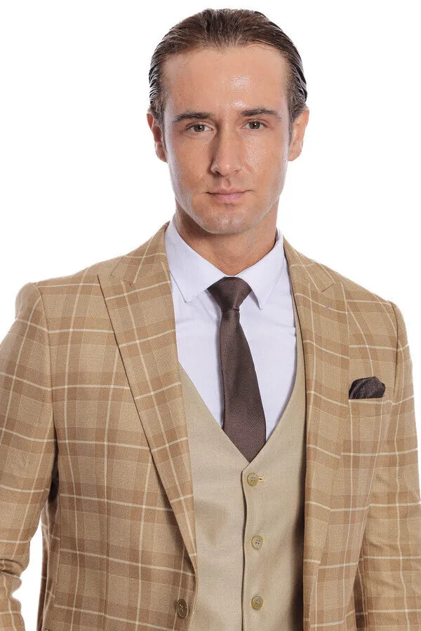 Slim Fit Checked Beige Men Suit - Wessi sold by Wessi product image thumbnail 3