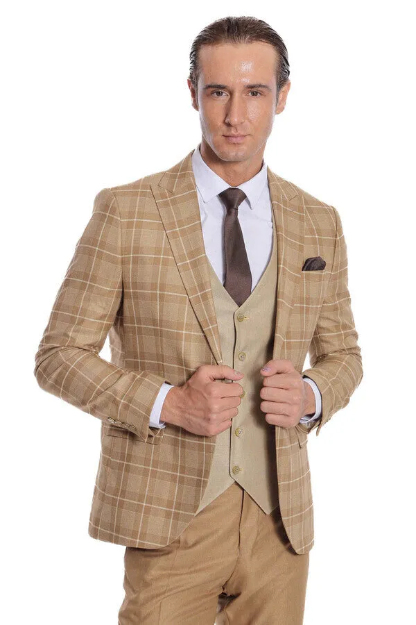 Slim Fit Checked Beige Men Suit - Wessi sold by Wessi