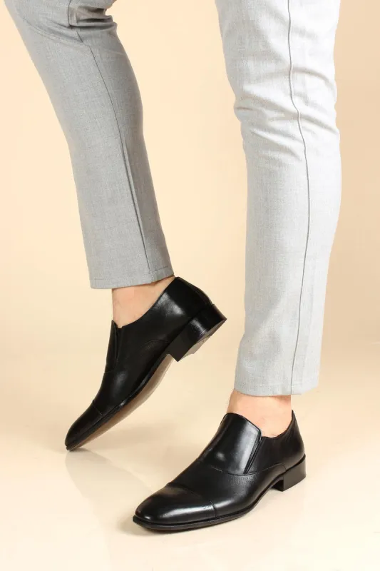 Men's Black Leather Slip-On Dress Shoes with Cap Toe - Wessi sold by Wessi